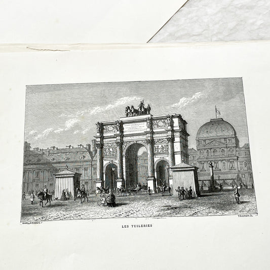 Late 19th - Parisian Arc de Triomphe du Carrousel Engraving - Historic Tuileries Garden Scene - Vintage French Architecture Art Print