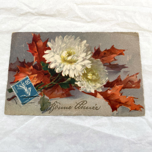 1900s - Antique French New Year Postcard - Vintage Floral Chrysanthemum Art - Autumn Leaves Greeting Card - Collectible Old Paper Ephemera