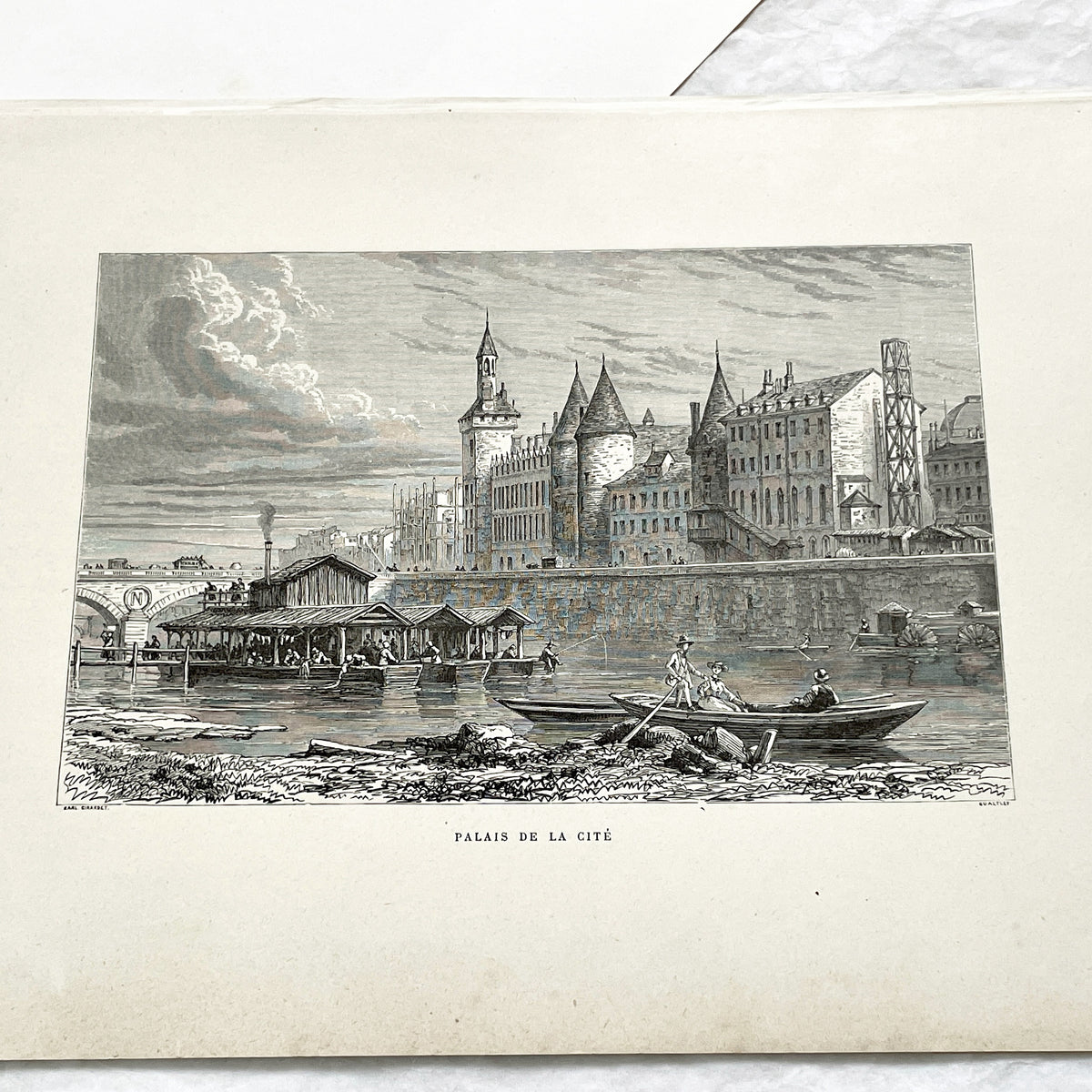 Late 19th - Palais De La Cité Paris Engraving - Vintage French Historical Art Print - River Seine Life - Parisian Architecture View 