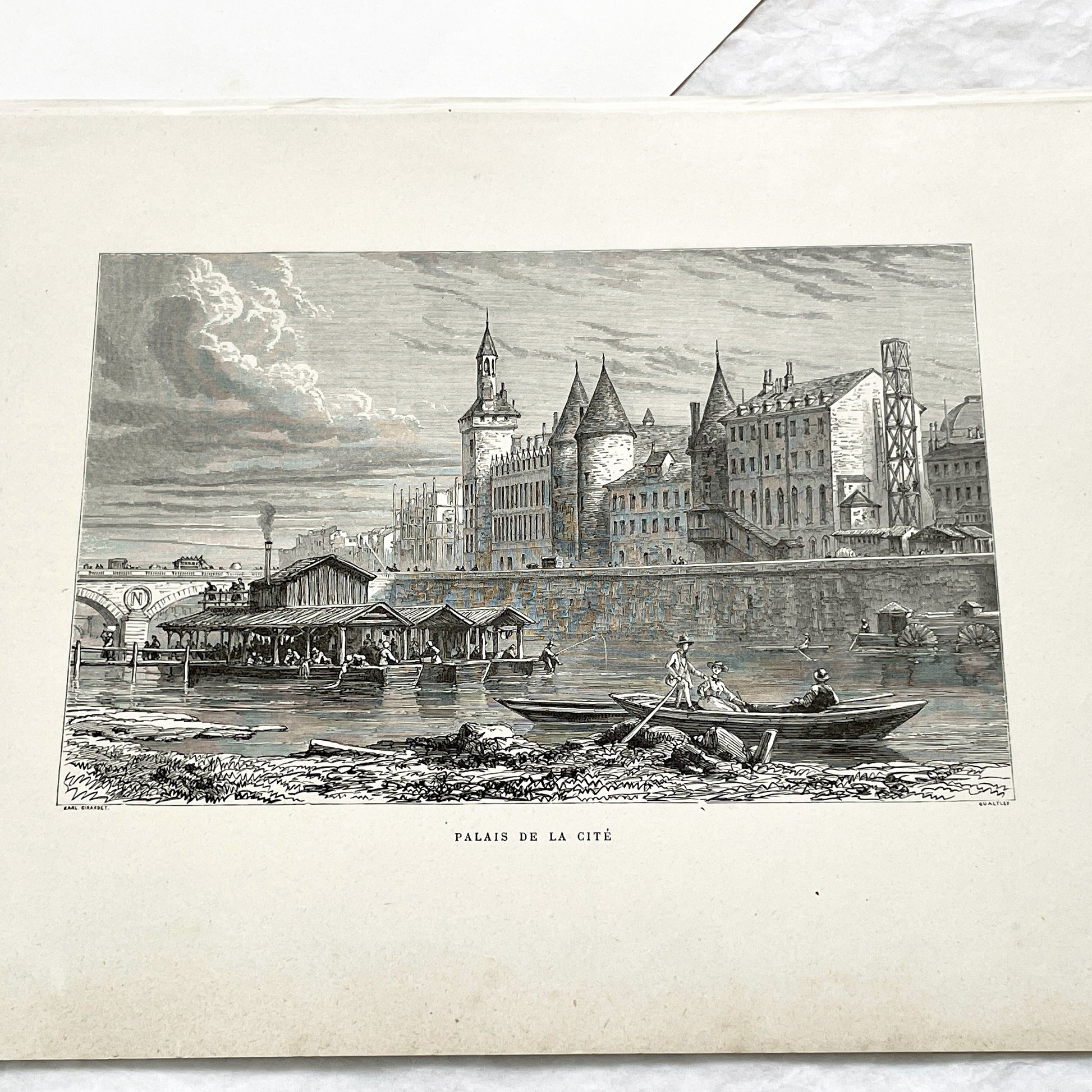 Late 19th - Palais De La Cité Paris Engraving - Vintage French Historical Art Print - River Seine Life - Parisian Architecture View 