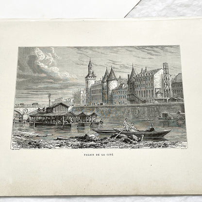 Late 19th - Palais De La Cité Paris Engraving - Vintage French Historical Art Print - River Seine Life - Parisian Architecture View 