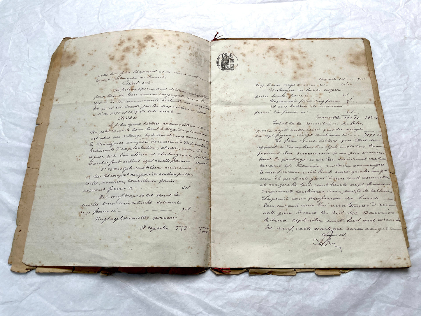 Late 19th Century French notarial marriage contract document from 1882, featuring ornate handwritten script and an official s