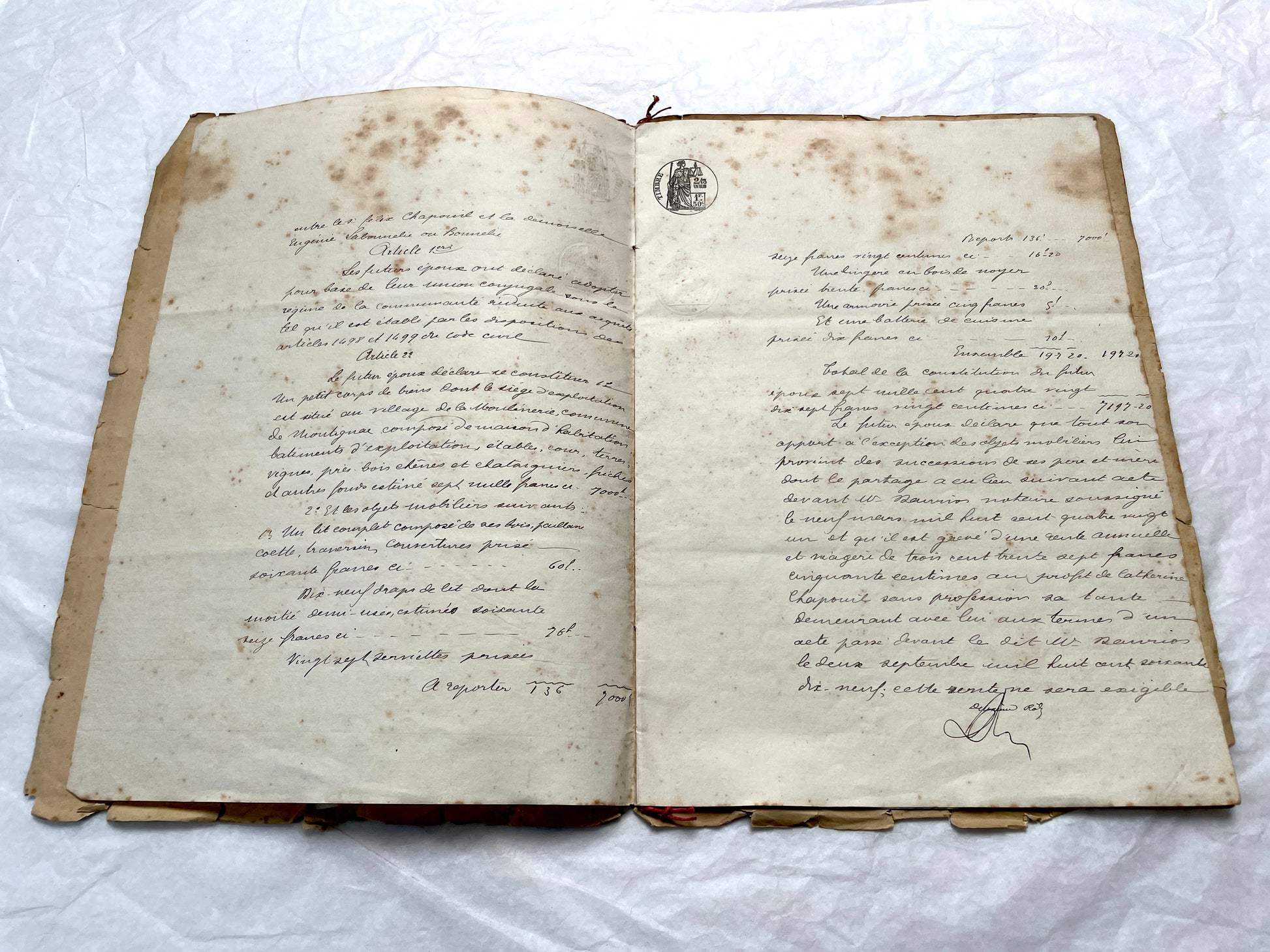 Late 19th Century French notarial marriage contract document from 1882, featuring ornate handwritten script and an official s