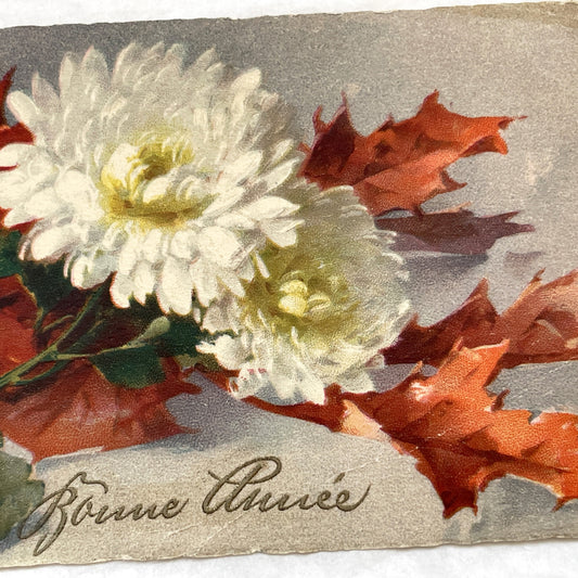 1900s - Antique French New Year Postcard - Vintage Floral Chrysanthemum Art - Autumn Leaves Greeting Card - Collectible Old Paper Ephemera