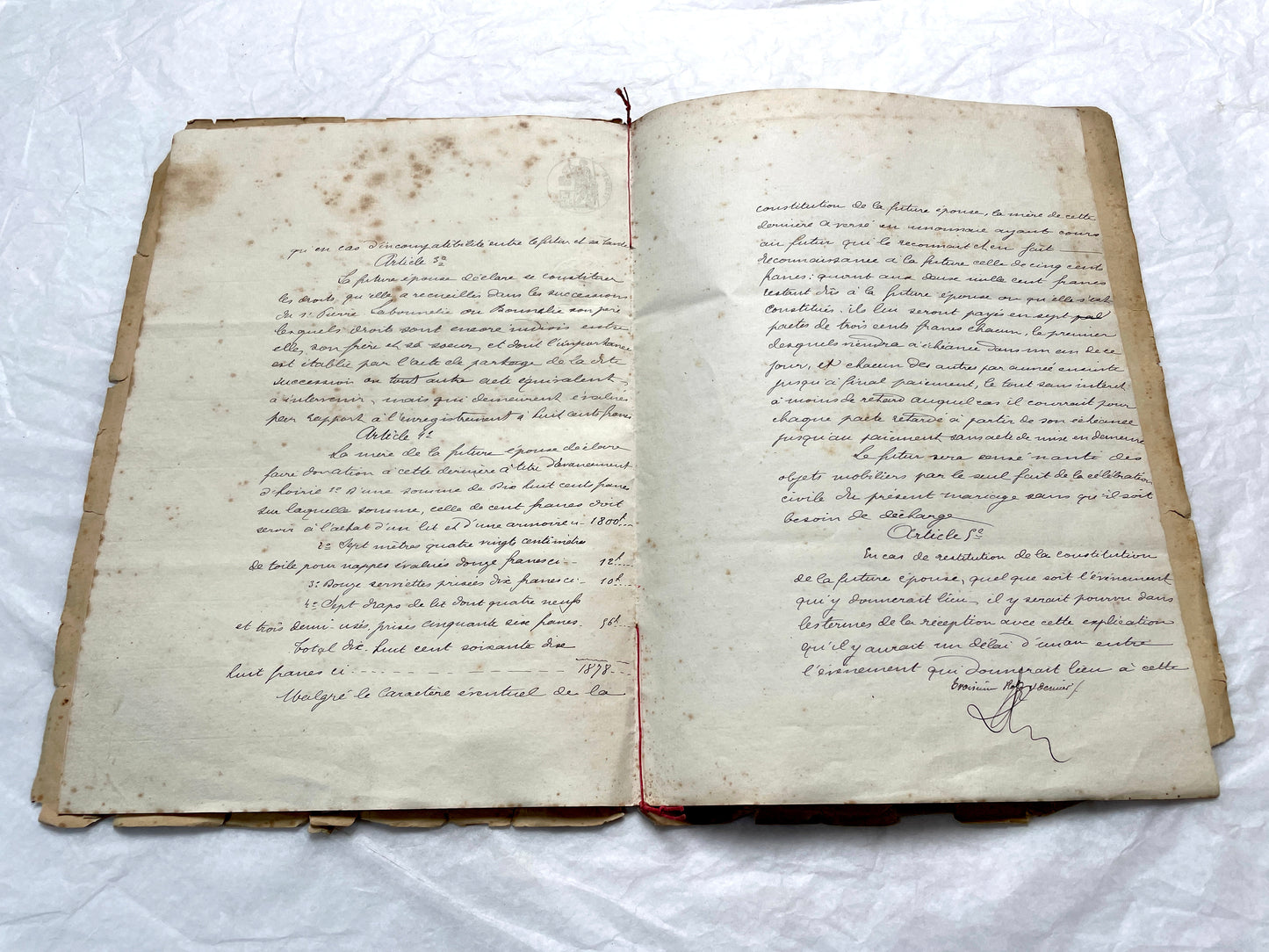 Late 19th Century French notarial marriage contract document from 1882, featuring ornate handwritten script and an official s