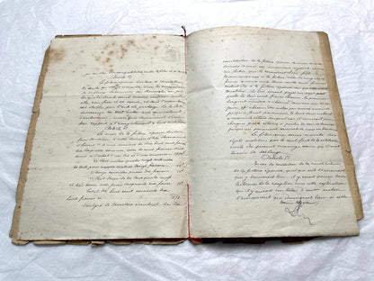 Late 19th Century French notarial marriage contract document from 1882, featuring ornate handwritten script and an official s