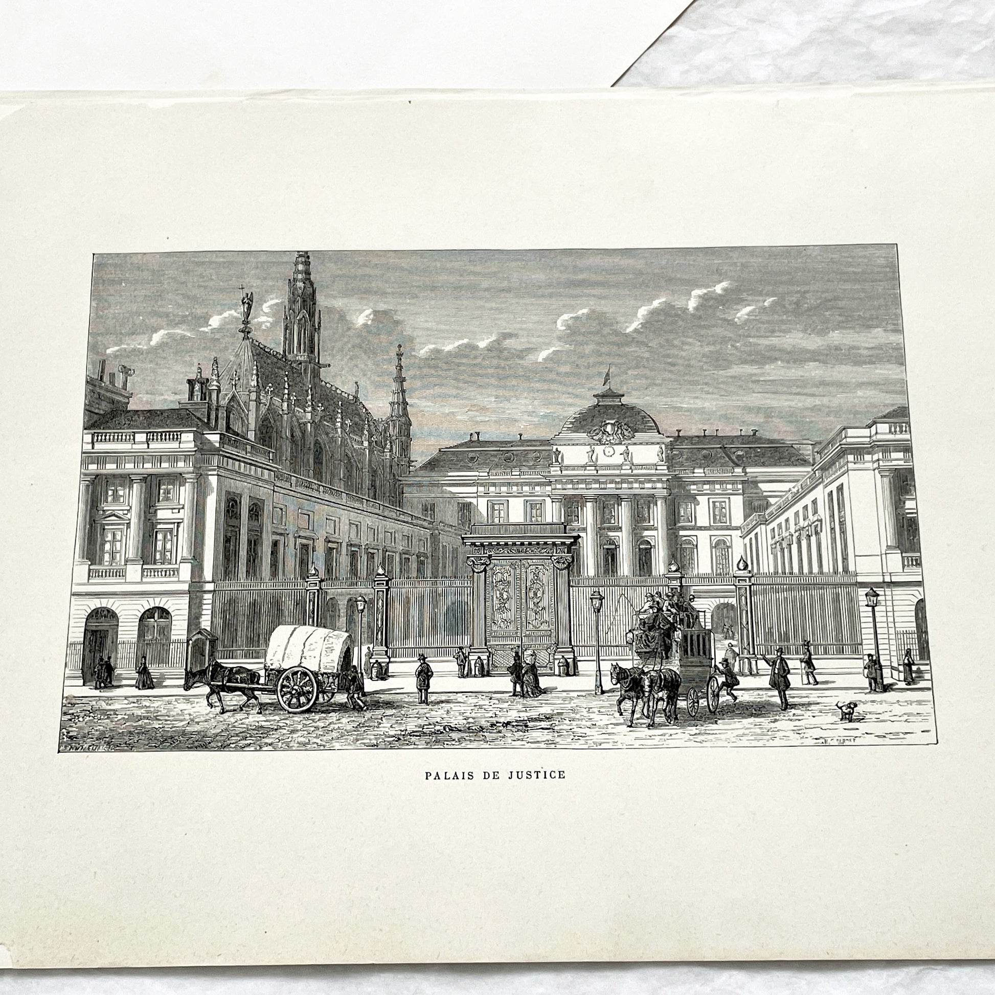 Late 19th - Historic Palais de Justice Engraving - Vintage Parisian Courthouse Architecture Print - French Cityscape Art Illustration