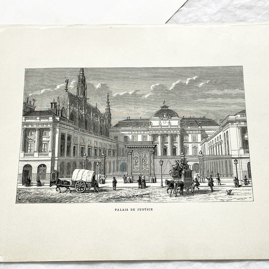 Late 19th - Historic Palais de Justice Engraving - Vintage Parisian Courthouse Architecture Print - French Cityscape Art Illustration