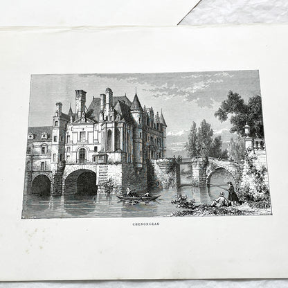 Late 19th - Detailed Vintage Engraving of Château de Chenonceau - French Renaissance Castle Architecture - Serene River Landscape Art Print