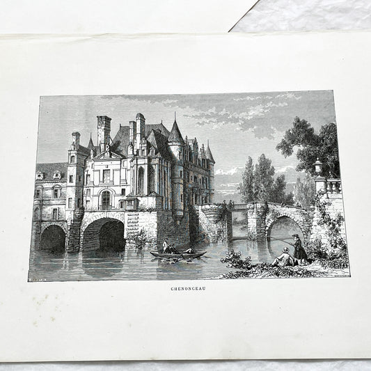 Late 19th - Detailed Vintage Engraving of Château de Chenonceau - French Renaissance Castle Architecture - Serene River Landscape Art Print