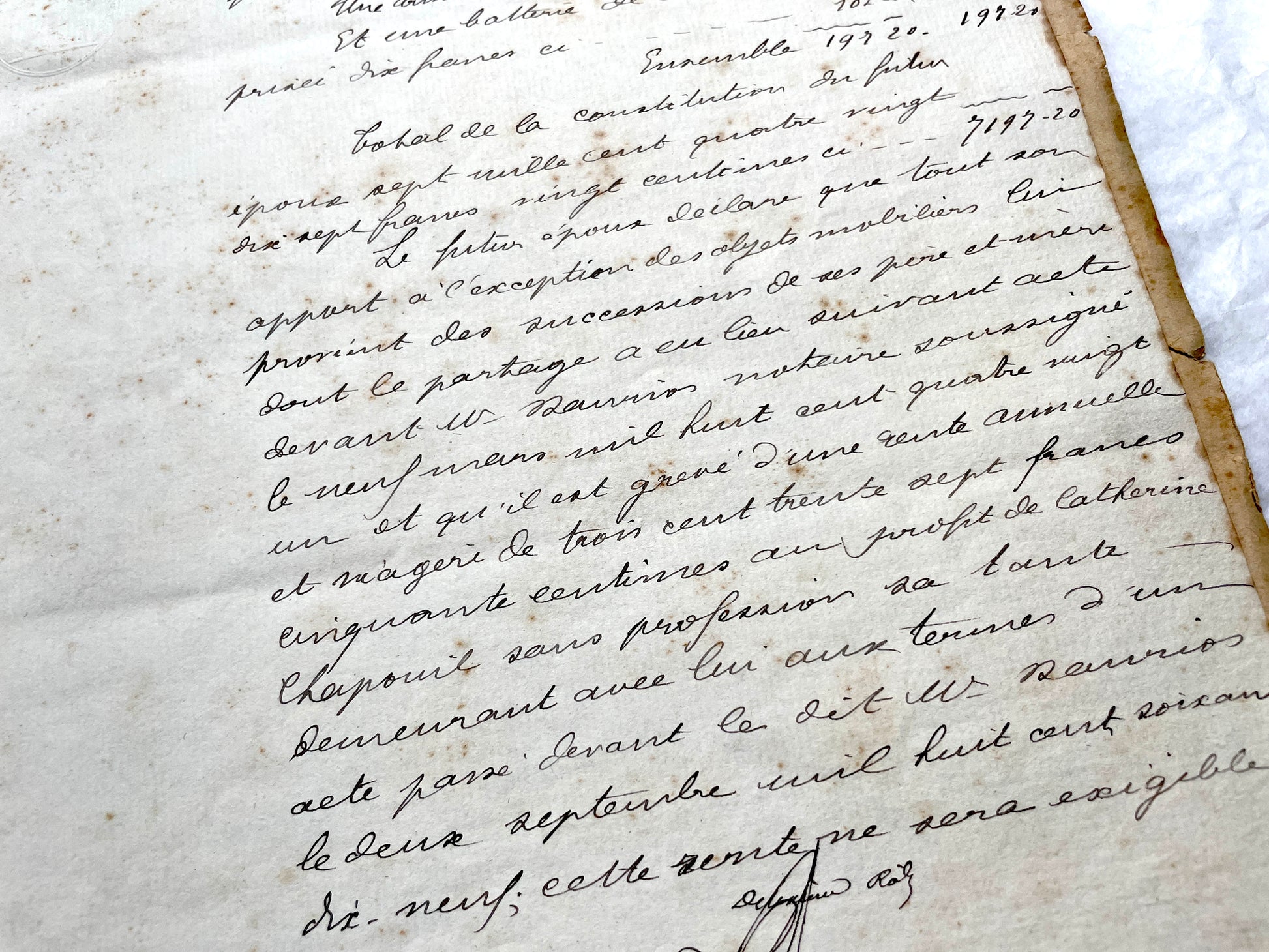 Late 19th Century French notarial marriage contract document from 1882, featuring ornate handwritten script and an official s