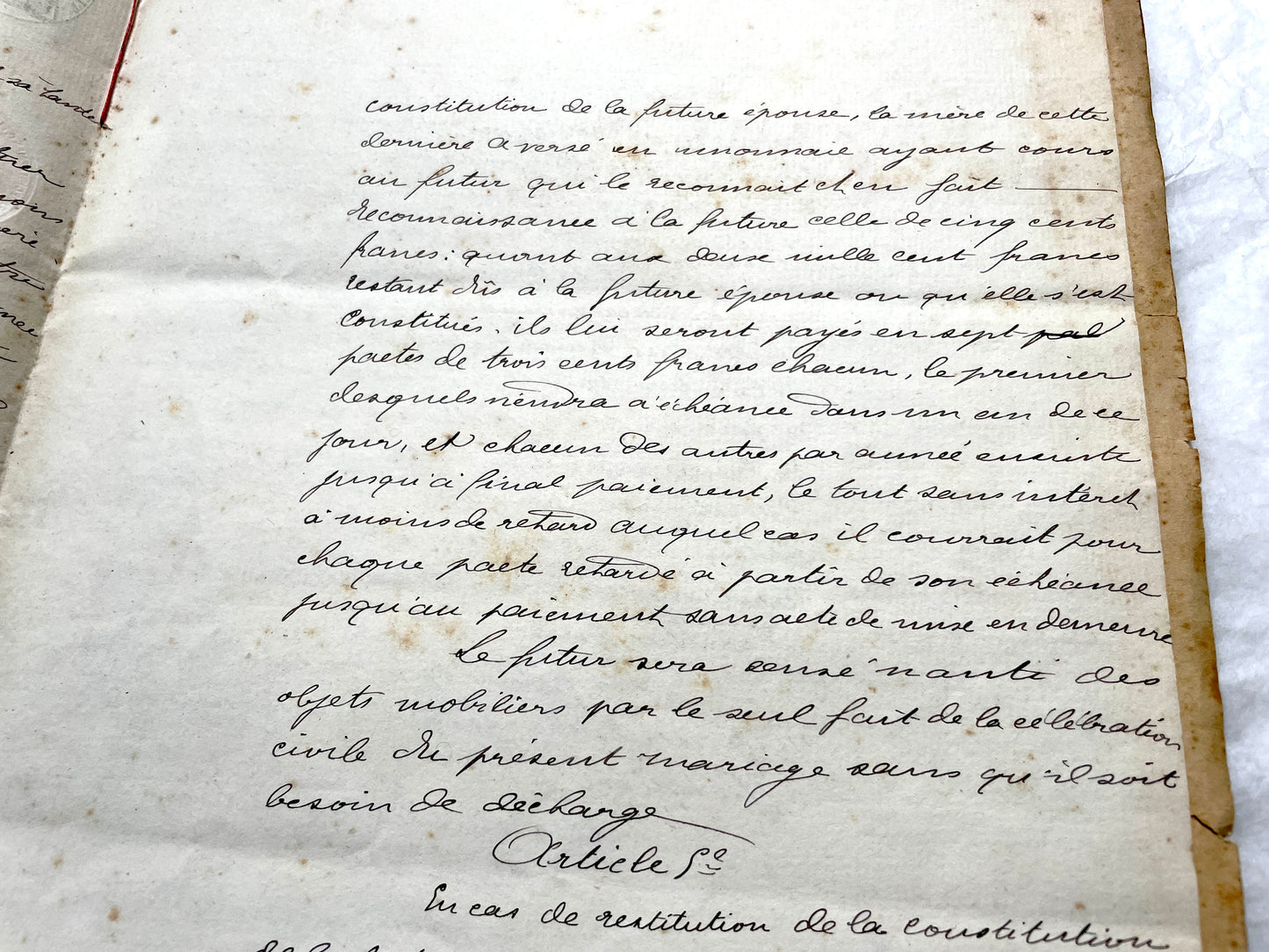 Late 19th Century French notarial marriage contract document from 1882, featuring ornate handwritten script and an official s
