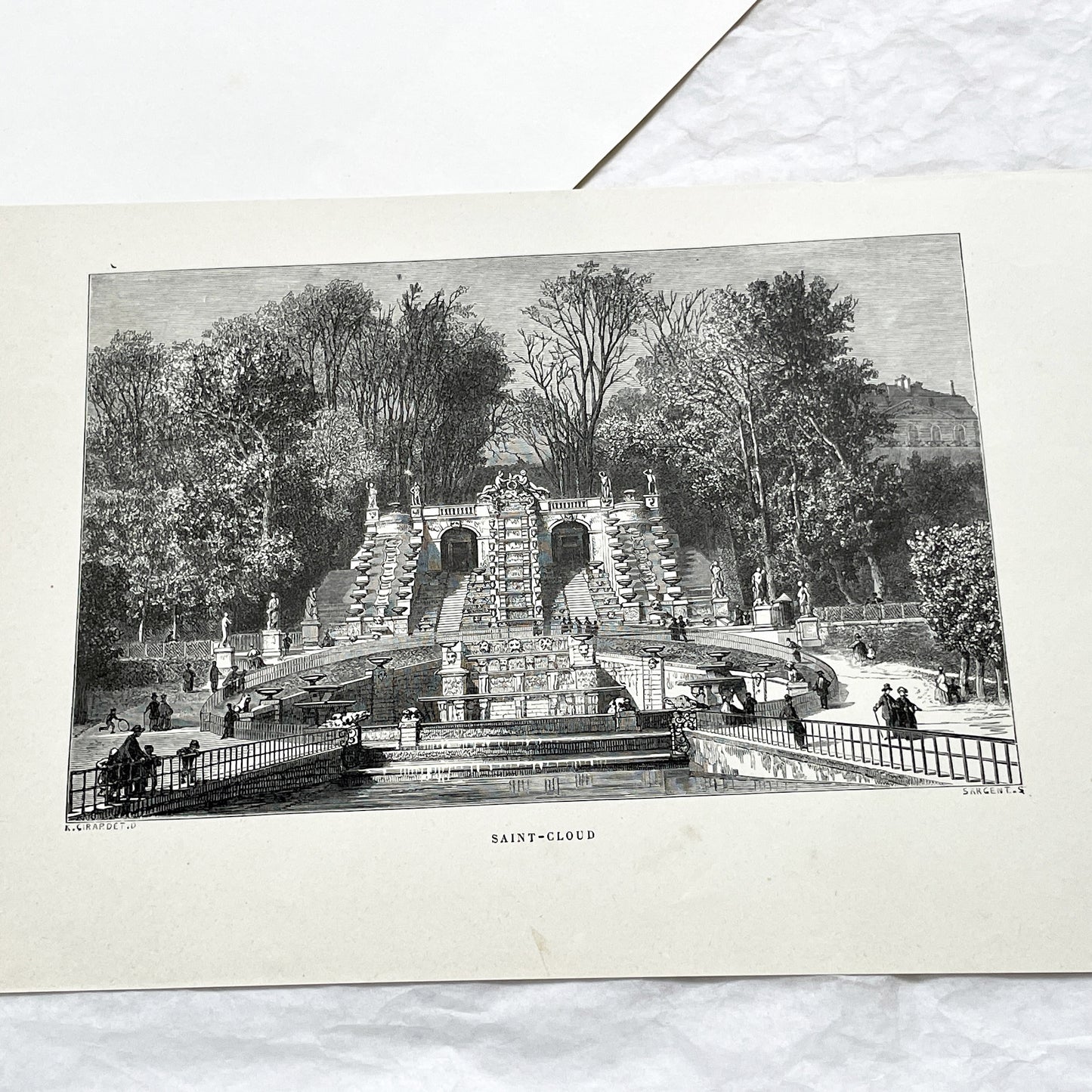 Late 19th - Detailed Engraving of Grand Cascade at Saint-Cloud - Vintage French Landscape Print by Sargent and Girardet - Parisian Garden