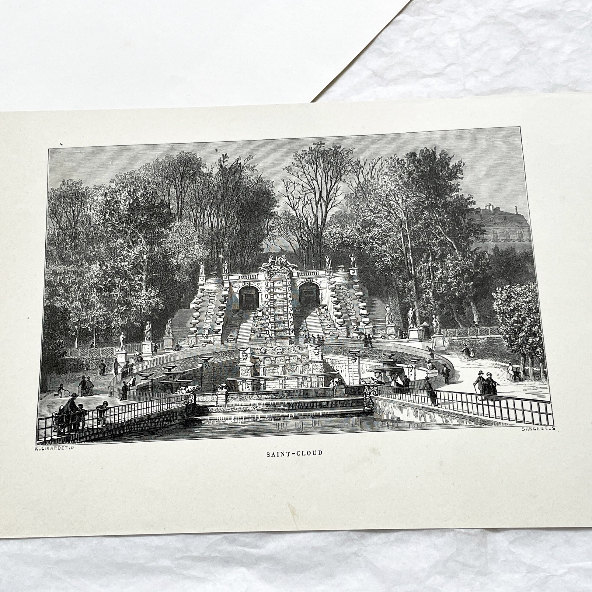 Late 19th - Detailed Engraving of Grand Cascade at Saint-Cloud - Vintage French Landscape Print by Sargent and Girardet - Parisian Garden
