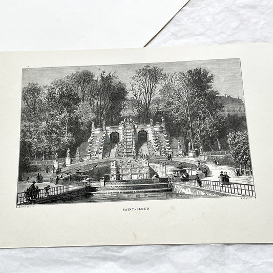 Late 19th - Detailed Engraving of Grand Cascade at Saint-Cloud - Vintage French Landscape Print by Sargent and Girardet - Parisian Garden