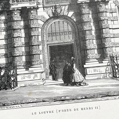 Late 19th - Detailed Engraving of Louvre Palace Henry II Gate Paris - Historic French Architecture Art Print - Girardet - Laplante