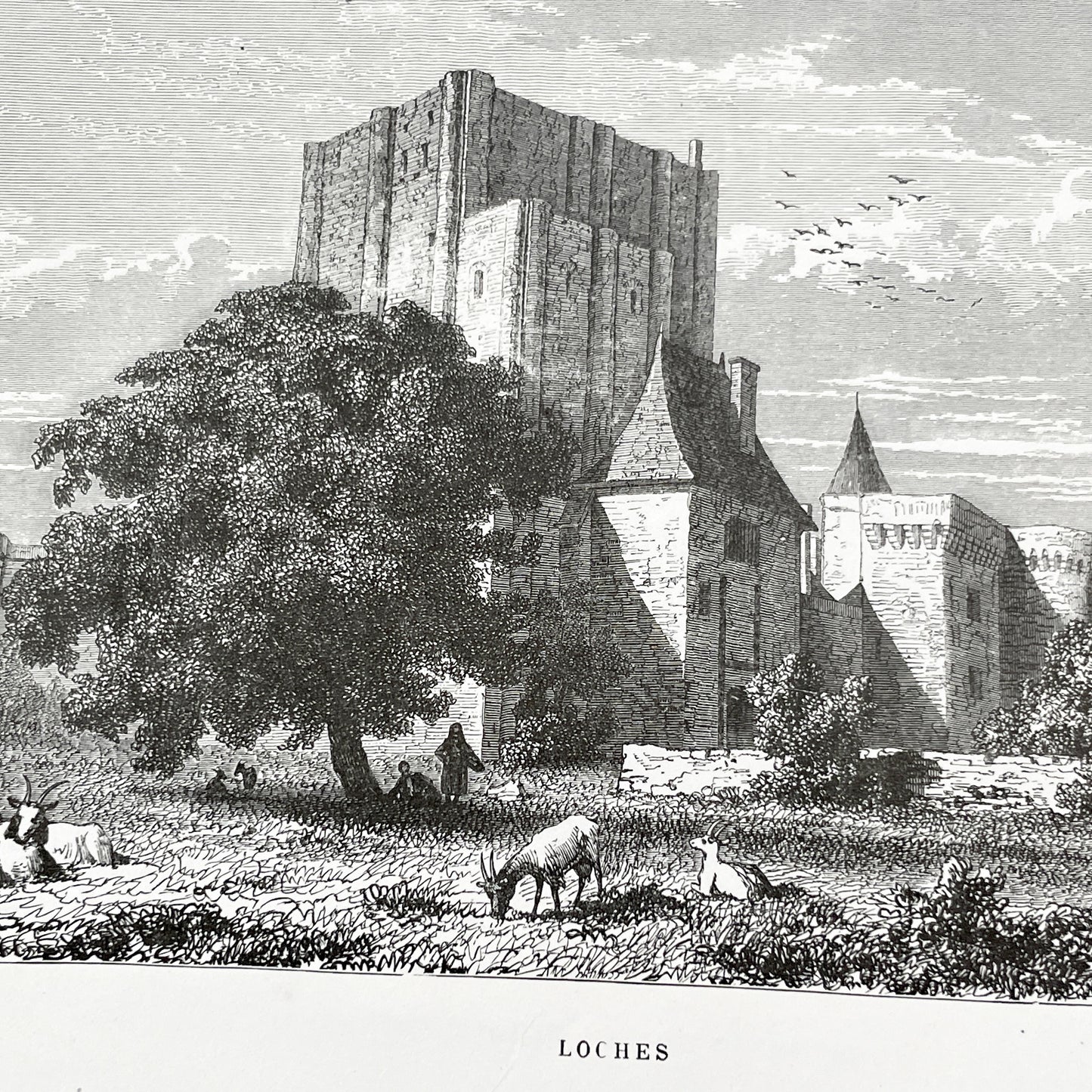 Late 19th - Historic Engraving of Loches Castle with Pastoral Scene - French Loire Valley Château Art - K. Girardet