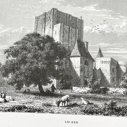 Late 19th - Historic Engraving of Loches Castle with Pastoral Scene - French Loire Valley Château Art - K. Girardet