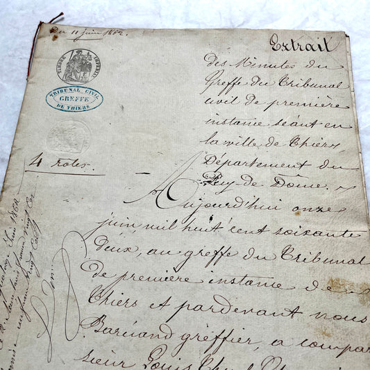 Mid 19th Century French Notarial Act from 1862, featuring handwritten script, official court seals, and red string binding.