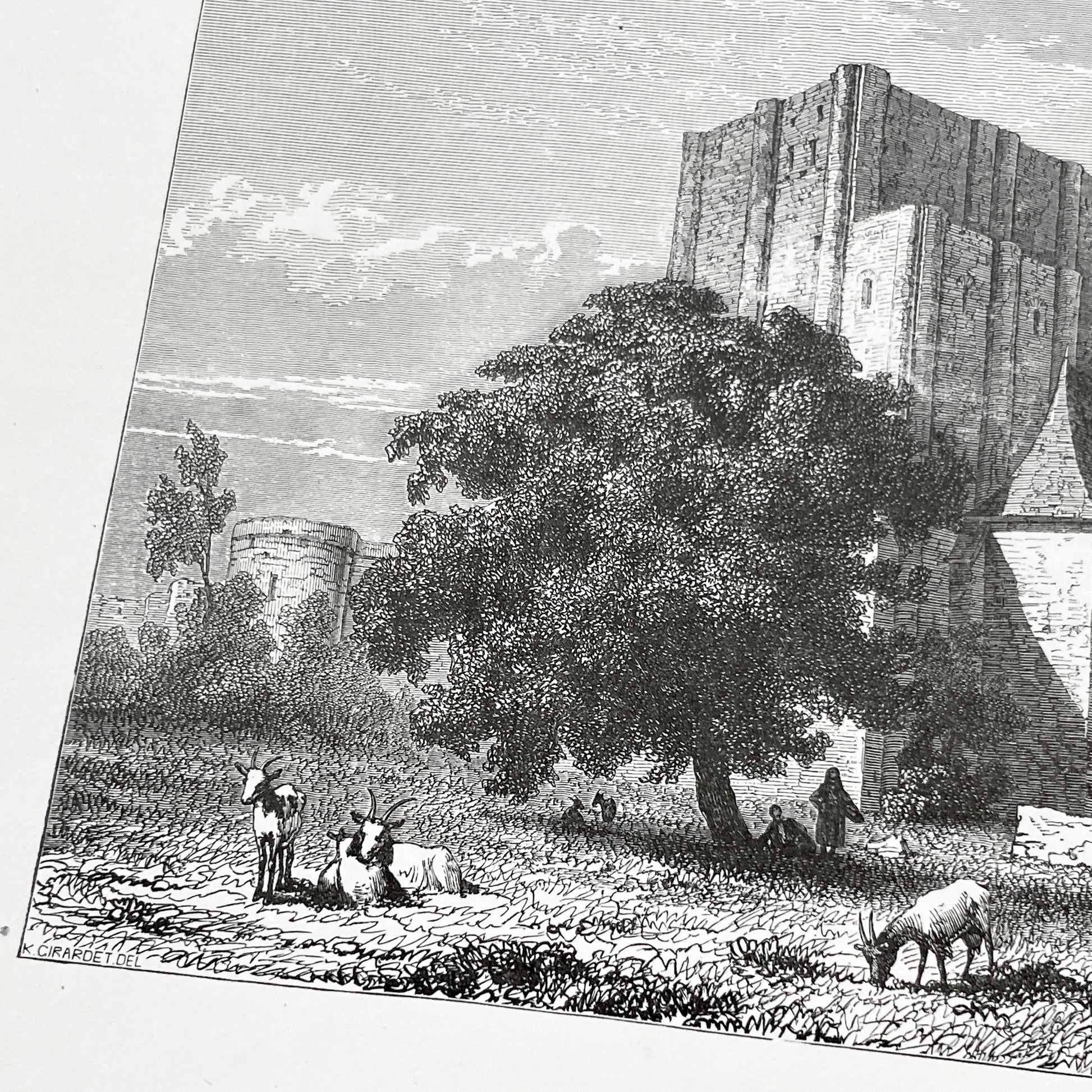 Late 19th - Historic Engraving of Loches Castle with Pastoral Scene - French Loire Valley Château Art - K. Girardet