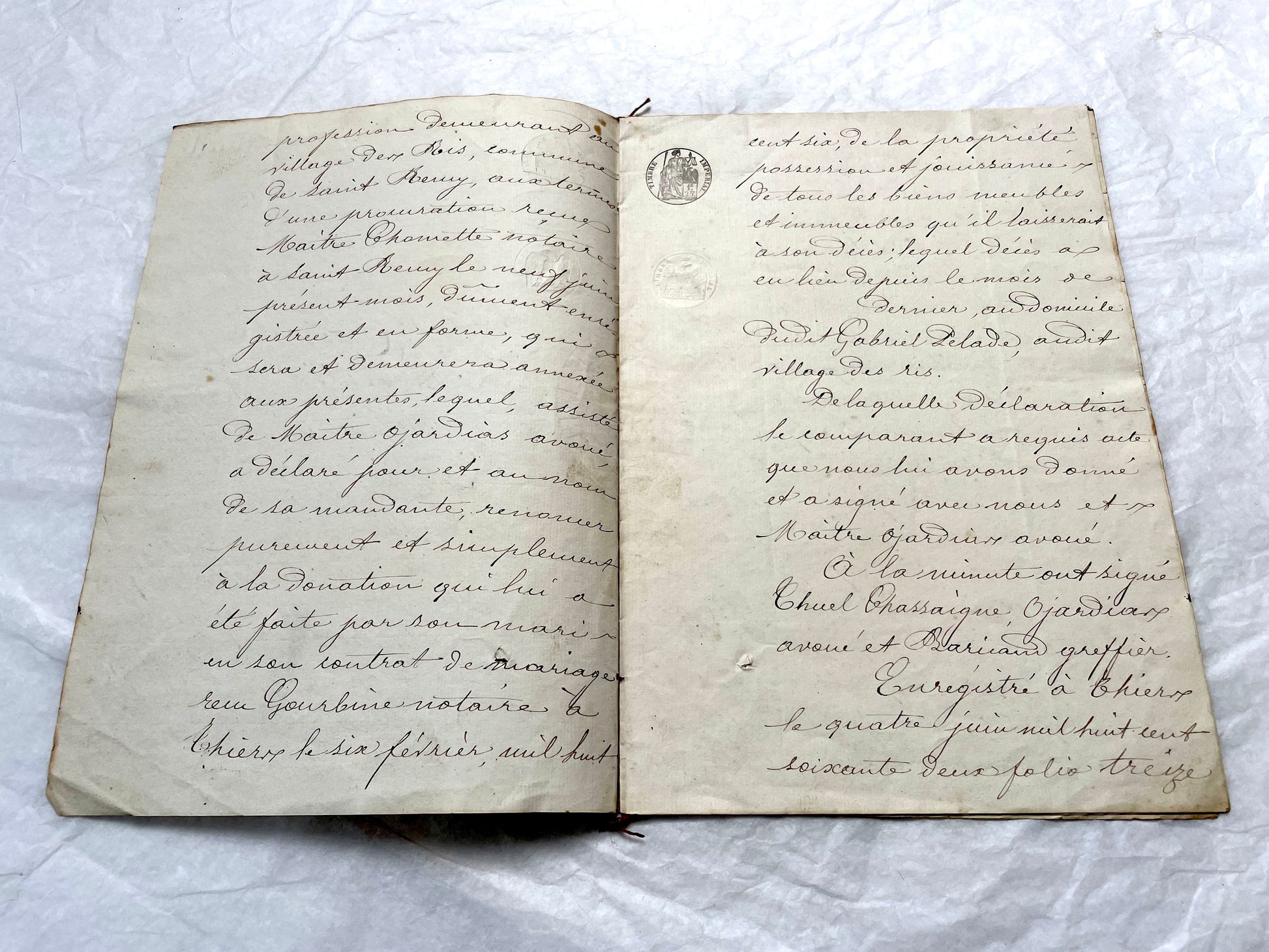 Mid 19th Century French Notarial Act from 1862, featuring handwritten script, official court seals, and red string binding.