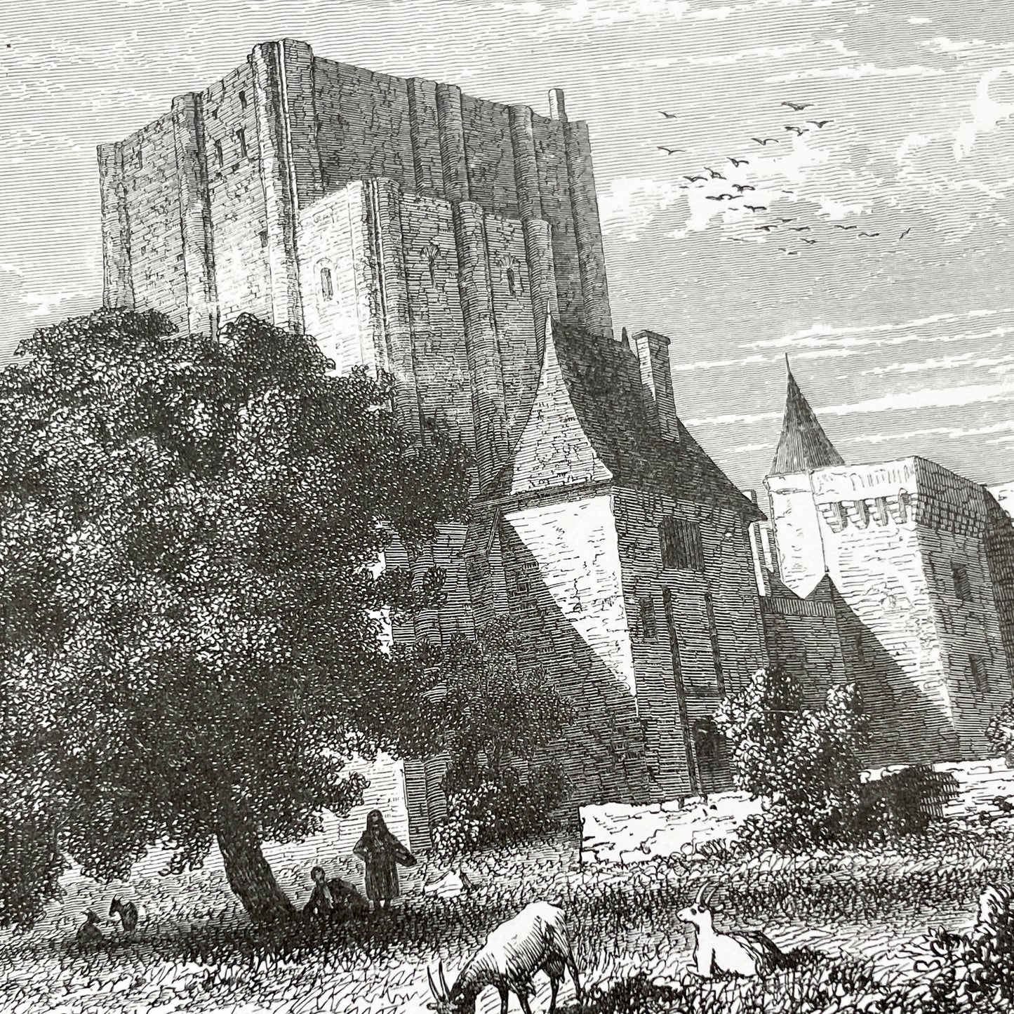 Late 19th - Historic Engraving of Loches Castle with Pastoral Scene - French Loire Valley Château Art - K. Girardet