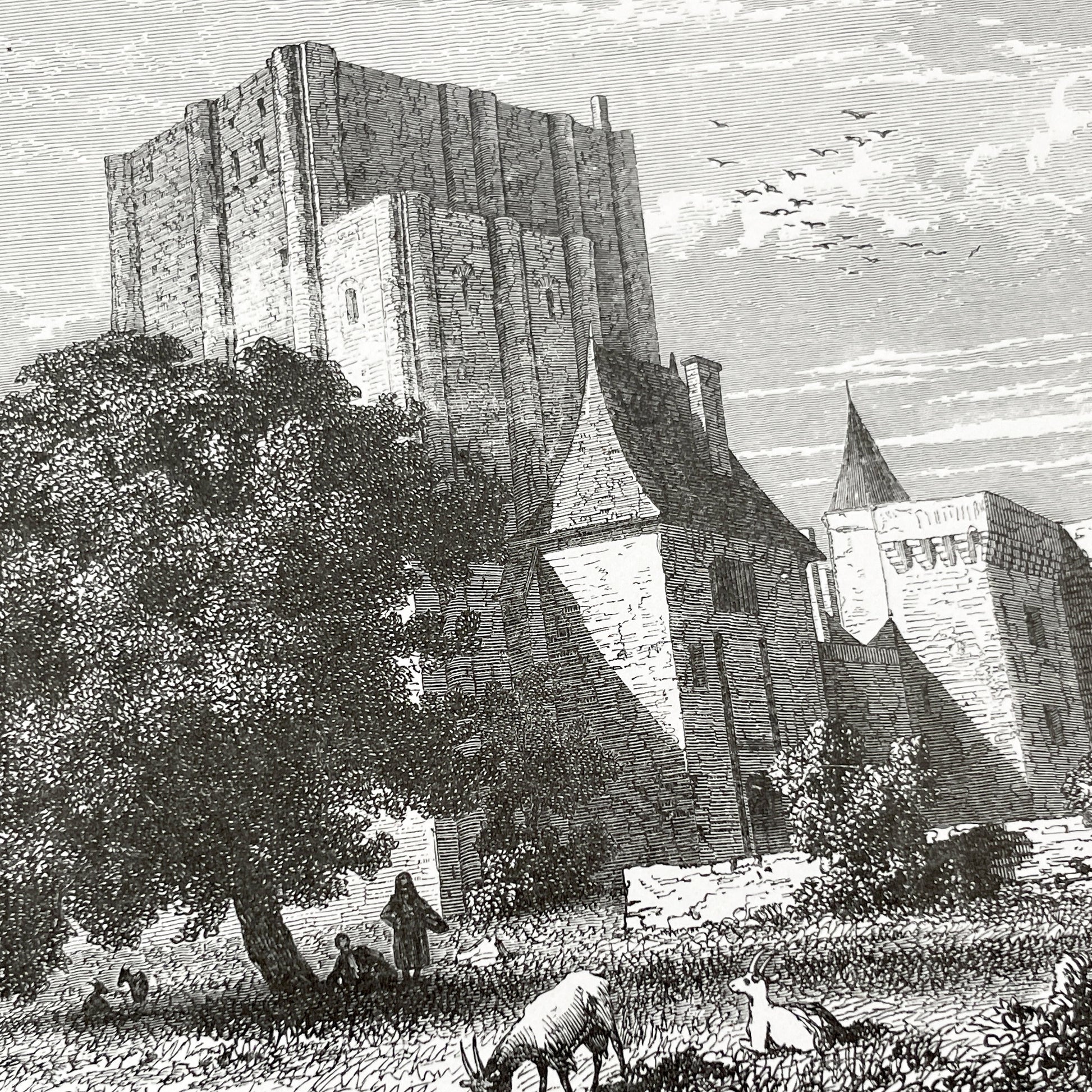 Late 19th - Historic Engraving of Loches Castle with Pastoral Scene - French Loire Valley Château Art - K. Girardet