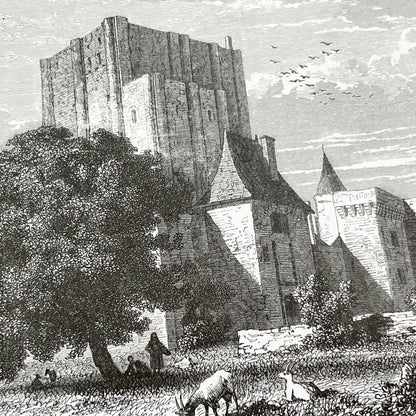 Late 19th - Historic Engraving of Loches Castle with Pastoral Scene - French Loire Valley Château Art - K. Girardet