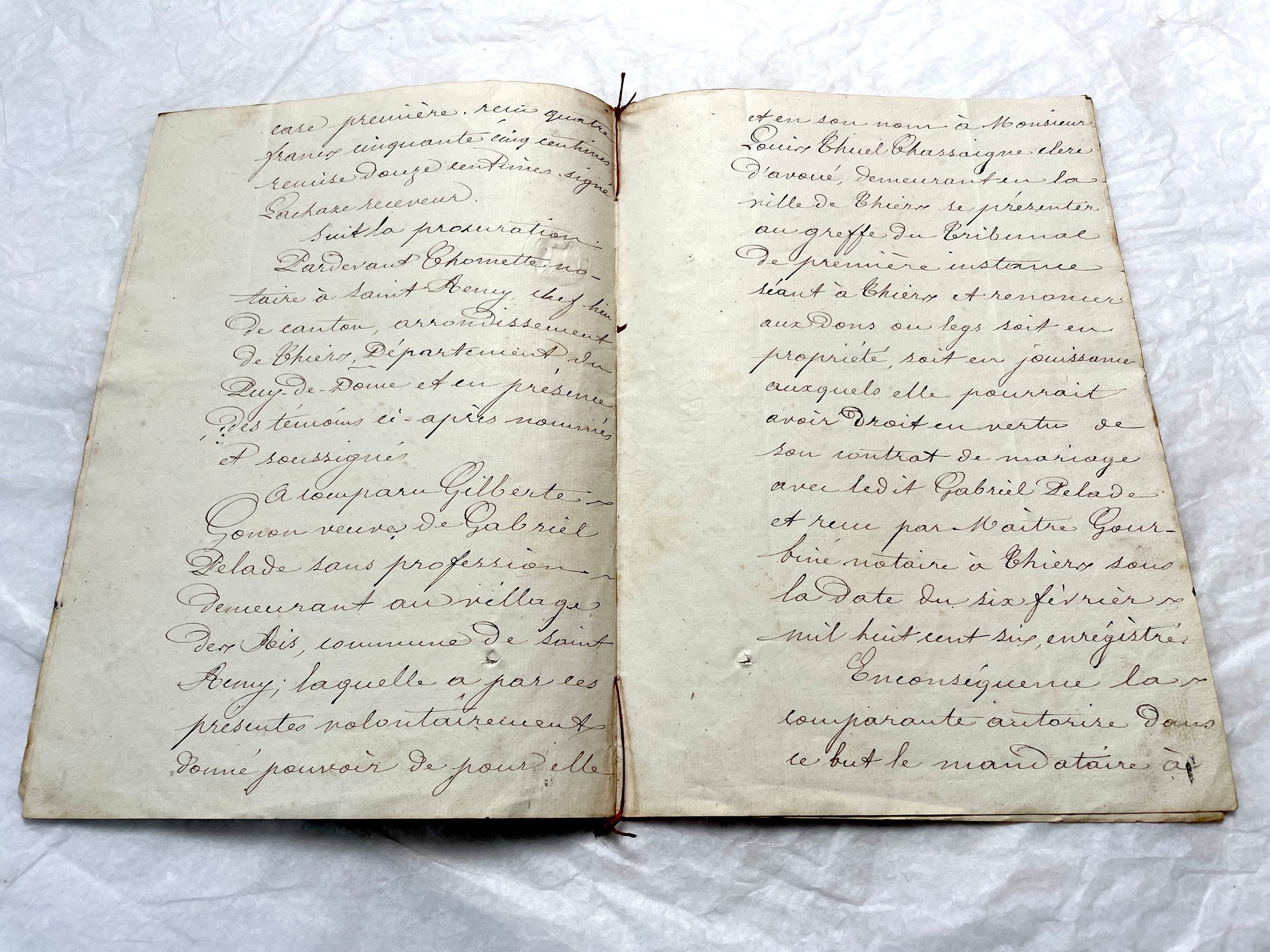 Mid 19th Century French Notarial Act from 1862, featuring handwritten script, official court seals, and red string binding.