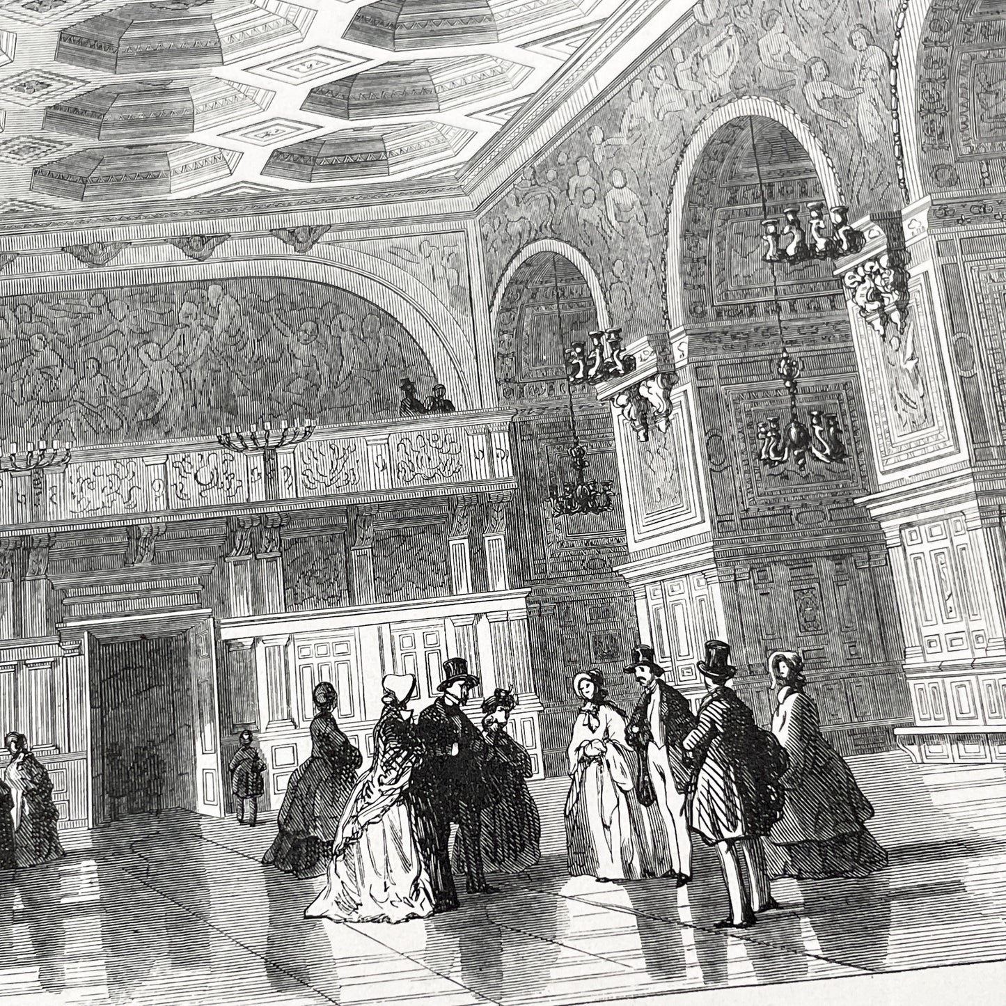 Late 19th - Detailed Engraving of Fontainebleau Salle de Henri II Grand Hall - Historic French Palace Interior View Art Print