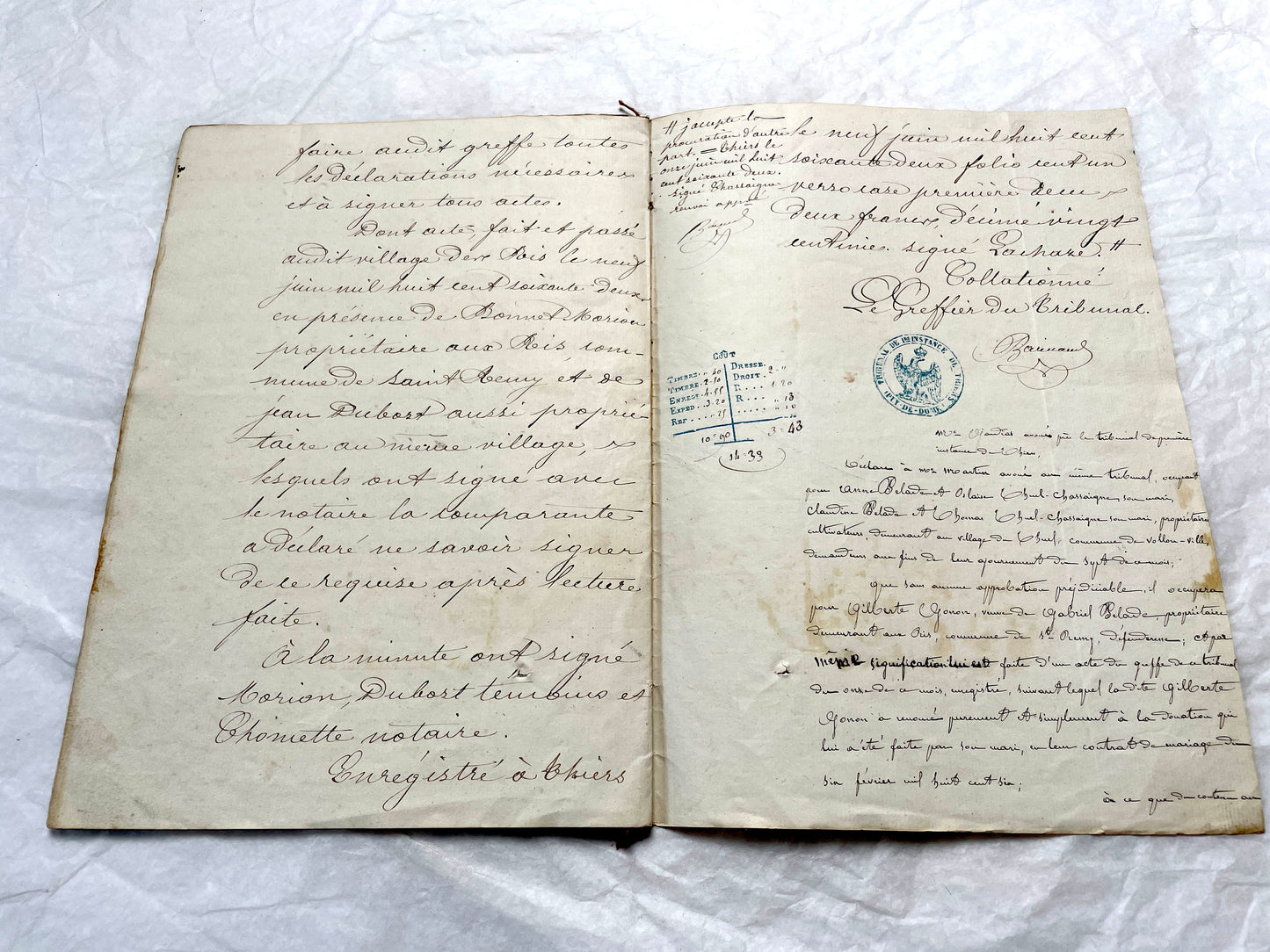 Mid 19th Century French Notarial Act from 1862, featuring handwritten script, official court seals, and red string binding.