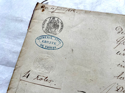 Mid 19th Century French Notarial Act from 1862, featuring handwritten script, official court seals, and red string binding.