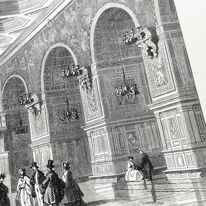 Late 19th - Detailed Engraving of Fontainebleau Salle de Henri II Grand Hall - Historic French Palace Interior View Art Print