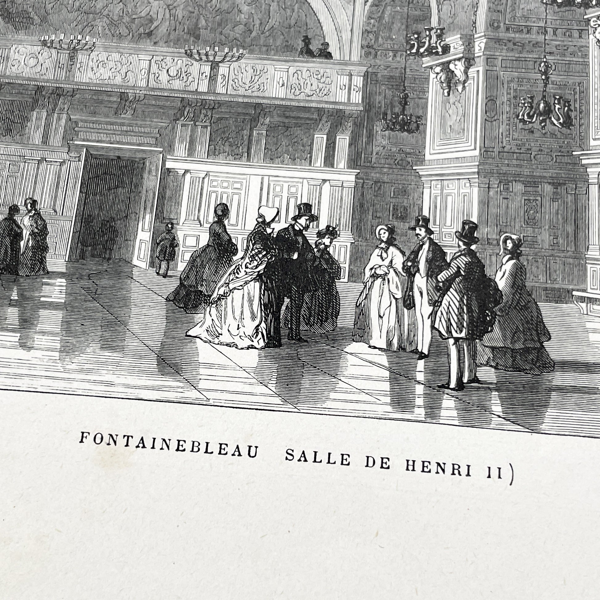 Late 19th - Detailed Engraving of Fontainebleau Salle de Henri II Grand Hall - Historic French Palace Interior View Art Print