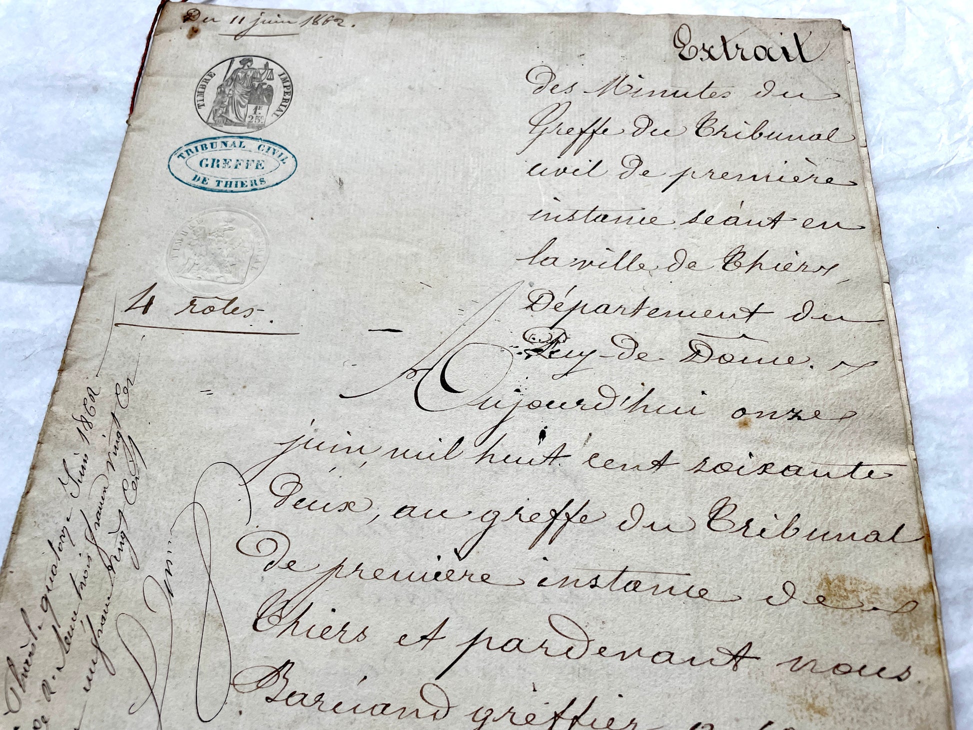 Mid 19th Century French Notarial Act from 1862, featuring handwritten script, official court seals, and red string binding.