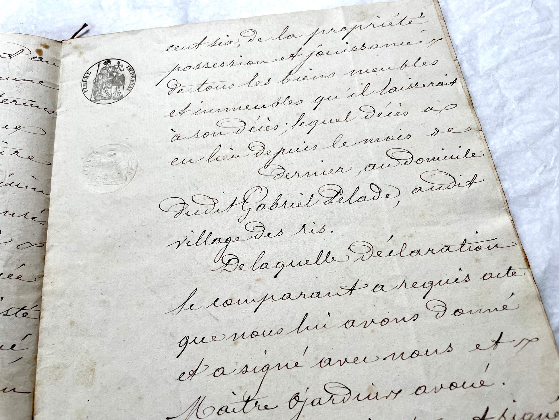 Mid 19th Century French Notarial Act from 1862, featuring handwritten script, official court seals, and red string binding.