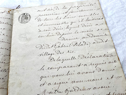 Mid 19th Century French Notarial Act from 1862, featuring handwritten script, official court seals, and red string binding.