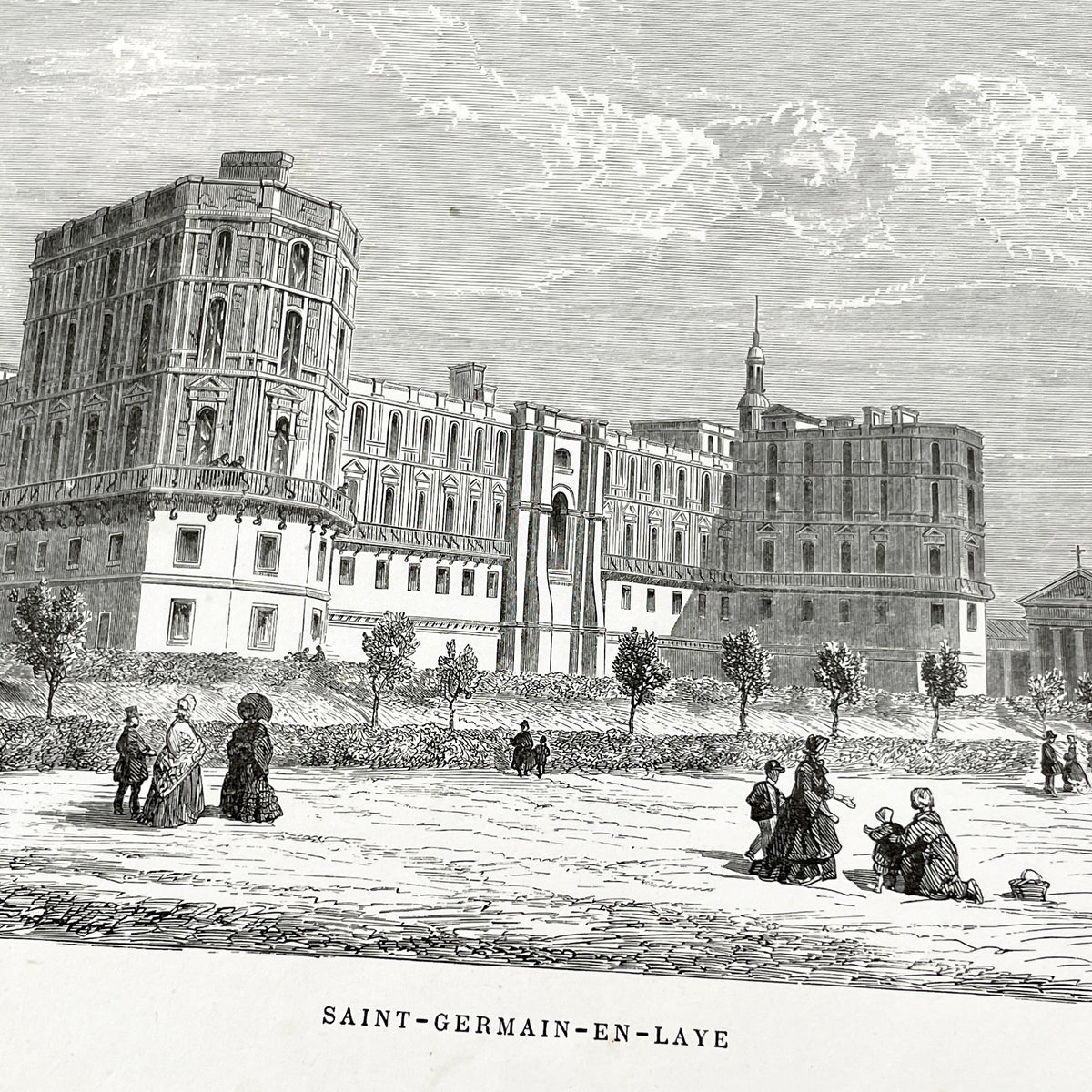 Late 19th - Saint-Germain-en-Laye Castle Engraving - Detailed Historic French Royal Residence - Landmark, Park Scene with Figures