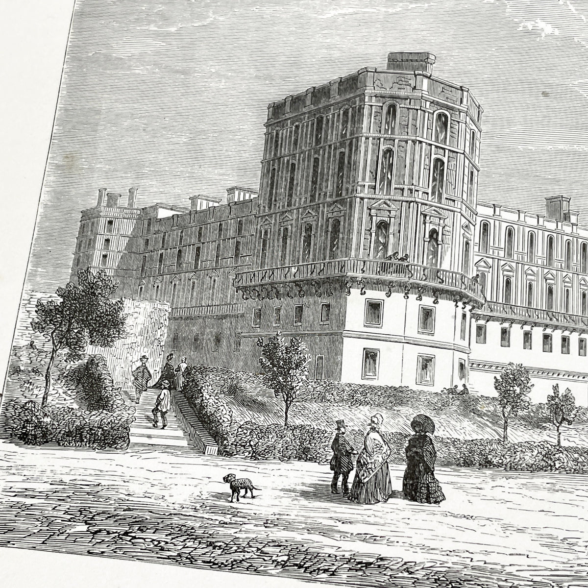 Late 19th - Saint-Germain-en-Laye Castle Engraving - Detailed Historic French Royal Residence - Landmark, Park Scene with Figures