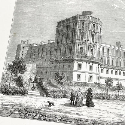 Late 19th - Saint-Germain-en-Laye Castle Engraving - Detailed Historic French Royal Residence - Landmark, Park Scene with Figures