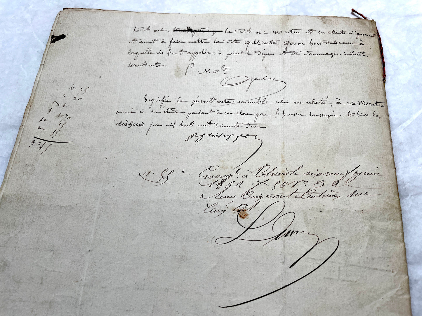 Mid 19th Century French Notarial Act from 1862, featuring handwritten script, official court seals, and red string binding.