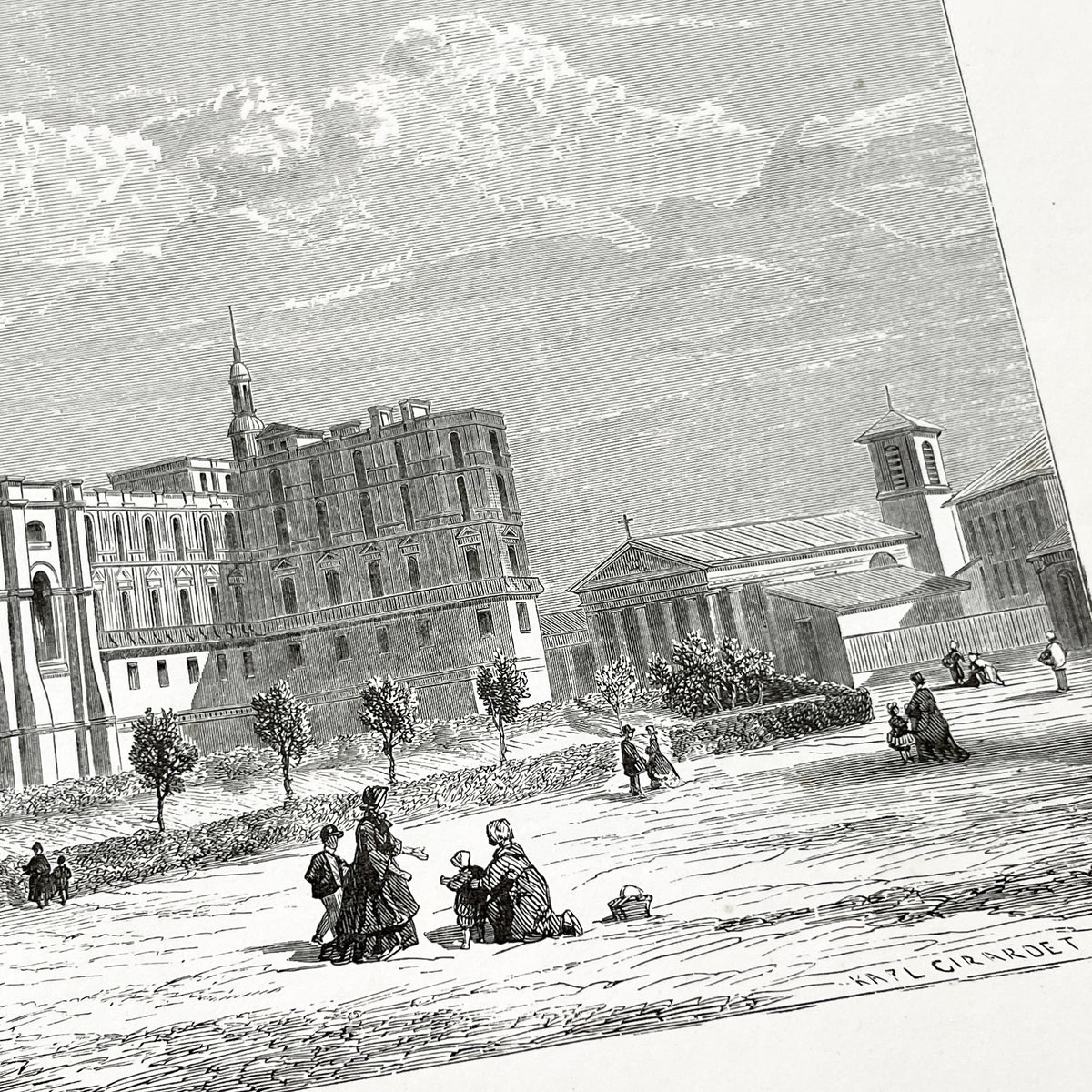 Late 19th - Saint-Germain-en-Laye Castle Engraving - Detailed Historic French Royal Residence - Landmark, Park Scene with Figures