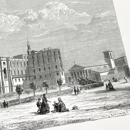 Late 19th - Saint-Germain-en-Laye Castle Engraving - Detailed Historic French Royal Residence - Landmark, Park Scene with Figures