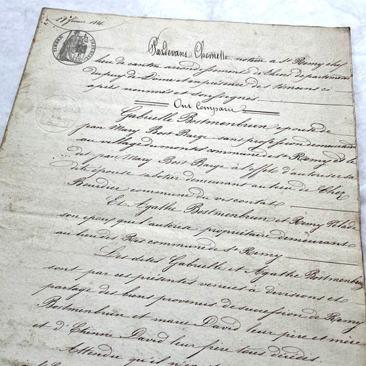 Mid 19th Century French Notarial Act from 1856 with elegant handwritten text and clear imperial stamp.