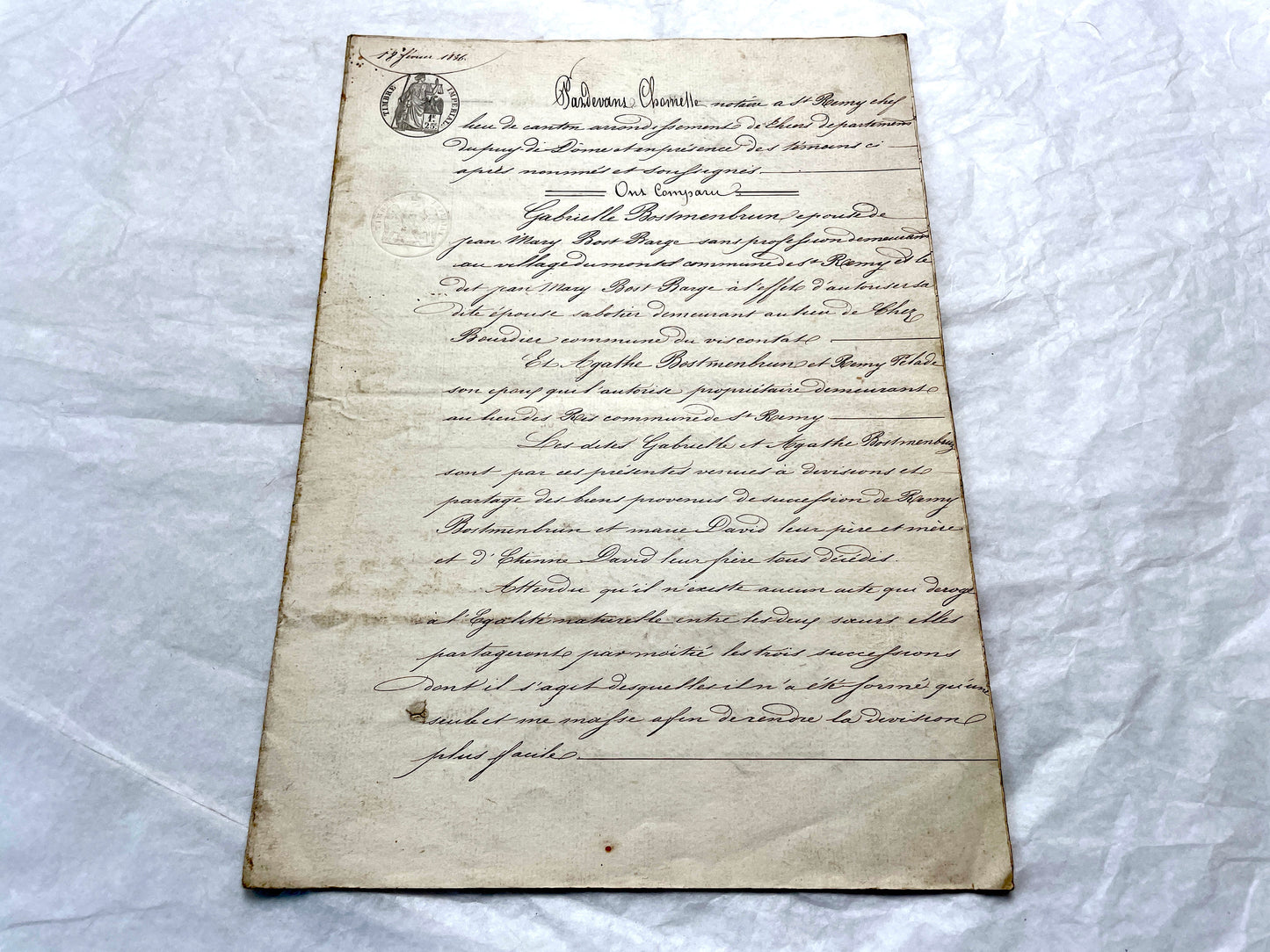 Mid 19th Century French Notarial Act from 1856 with elegant handwritten text and clear imperial stamp.