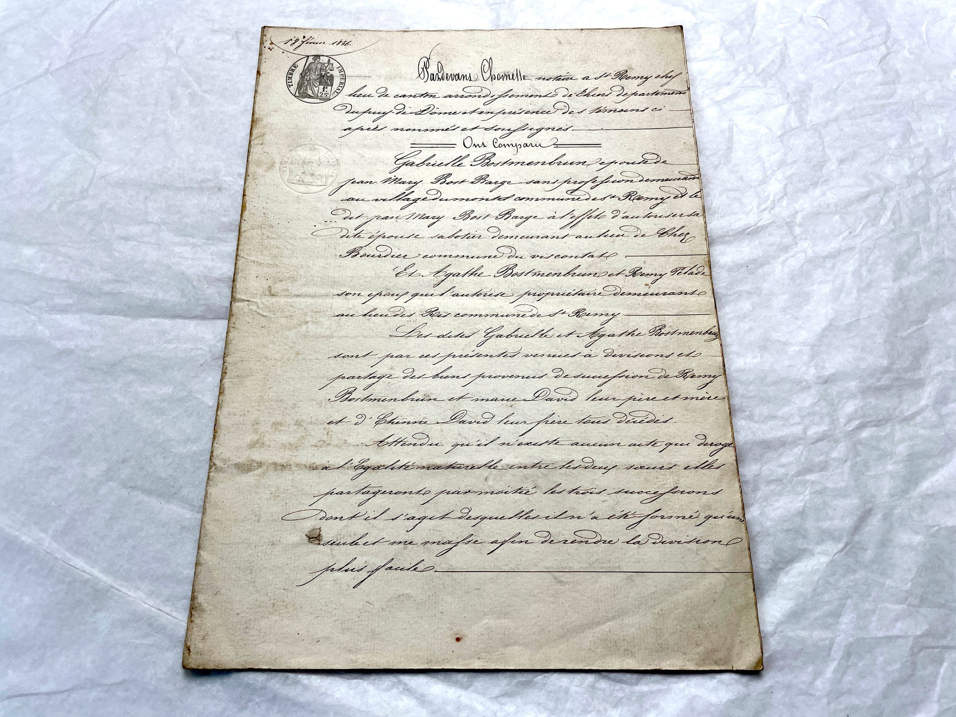 Mid 19th Century French Notarial Act from 1856 with elegant handwritten text and clear imperial stamp.