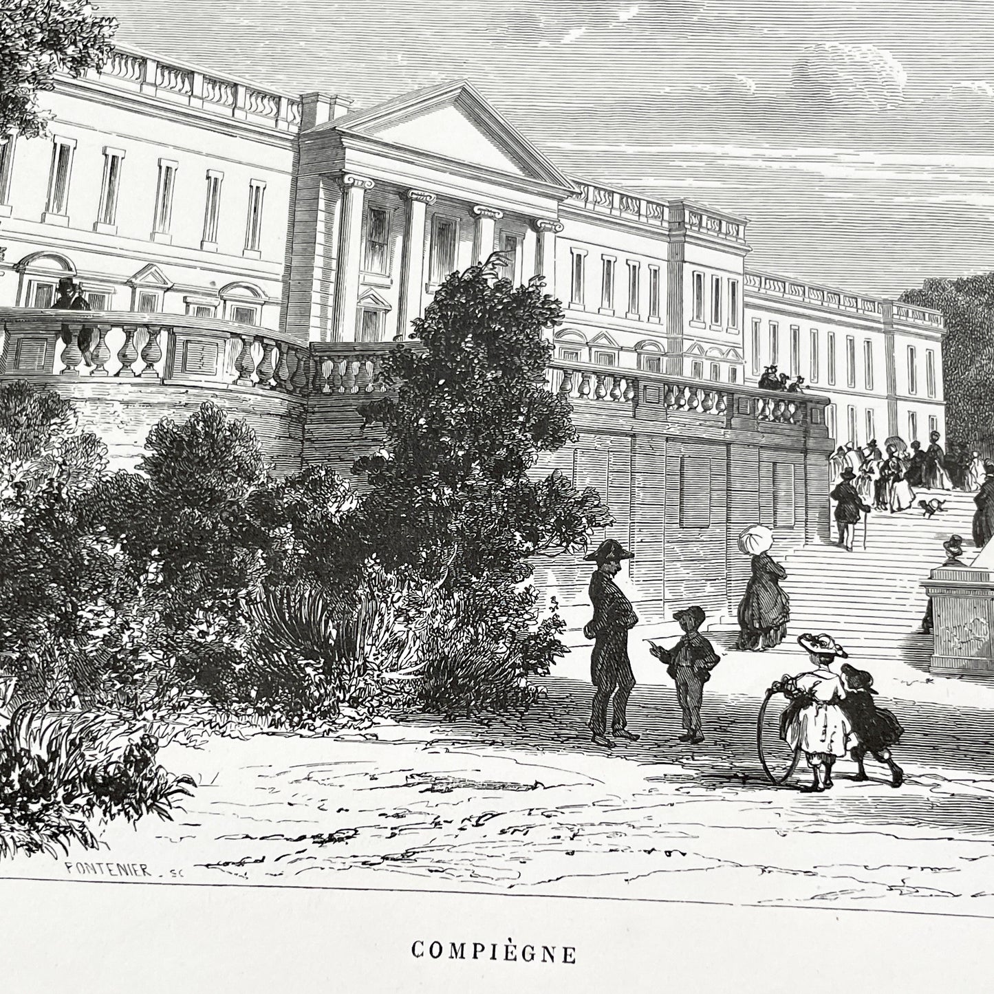 Late 19th - Compiègne Château Engraving - French Palace Grand Staircase - Park Life - Historic Architectural Print - Art by Girardet