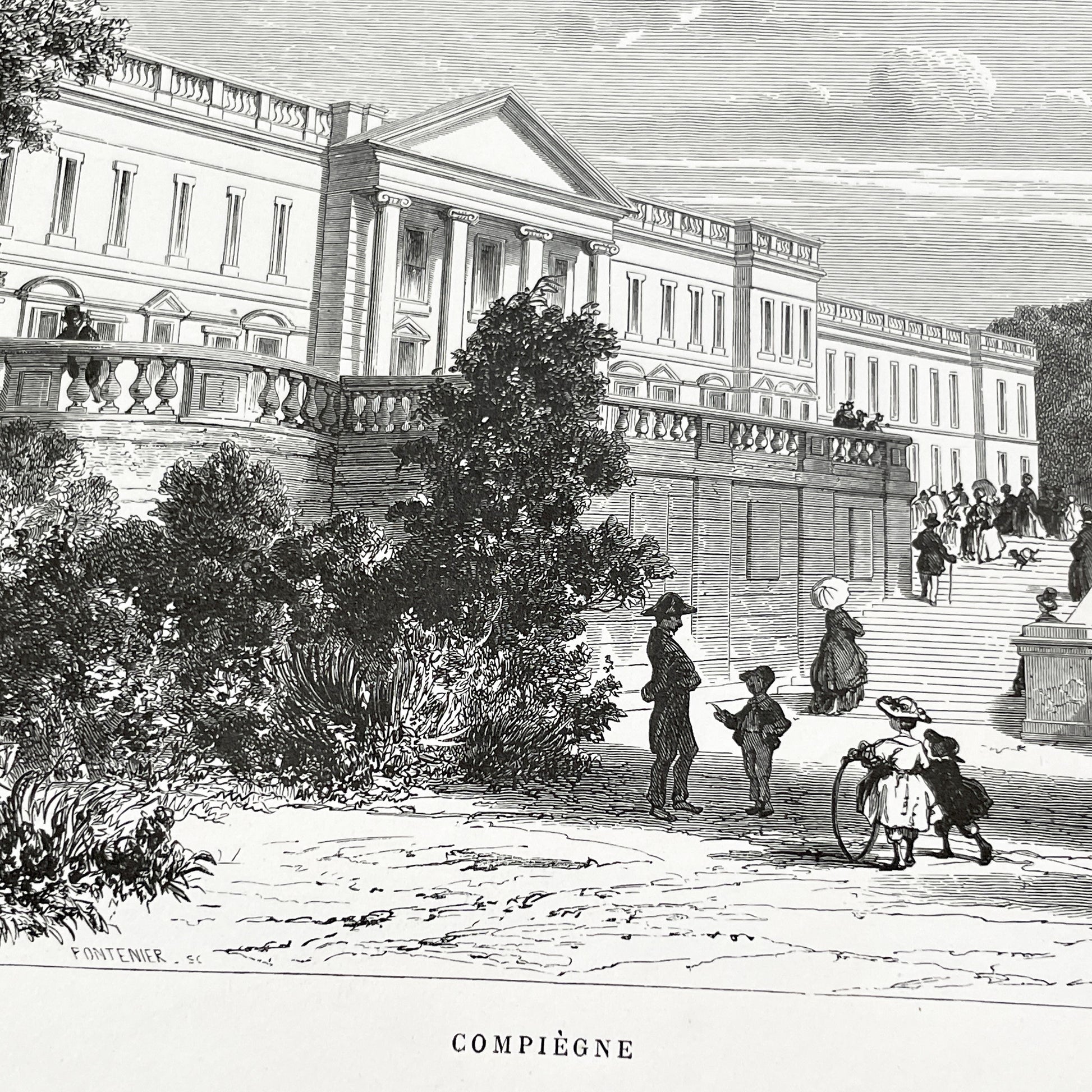 Late 19th - Compiègne Château Engraving - French Palace Grand Staircase - Park Life - Historic Architectural Print - Art by Girardet