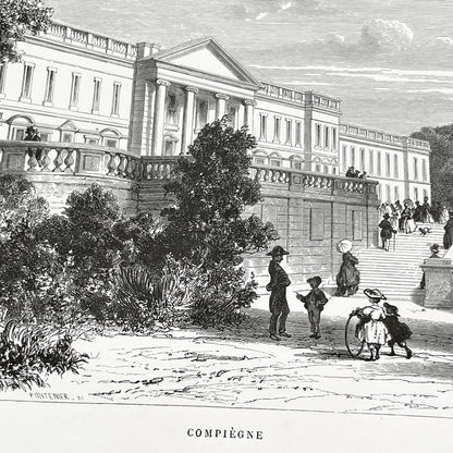 Late 19th - Compiègne Château Engraving - French Palace Grand Staircase - Park Life - Historic Architectural Print - Art by Girardet