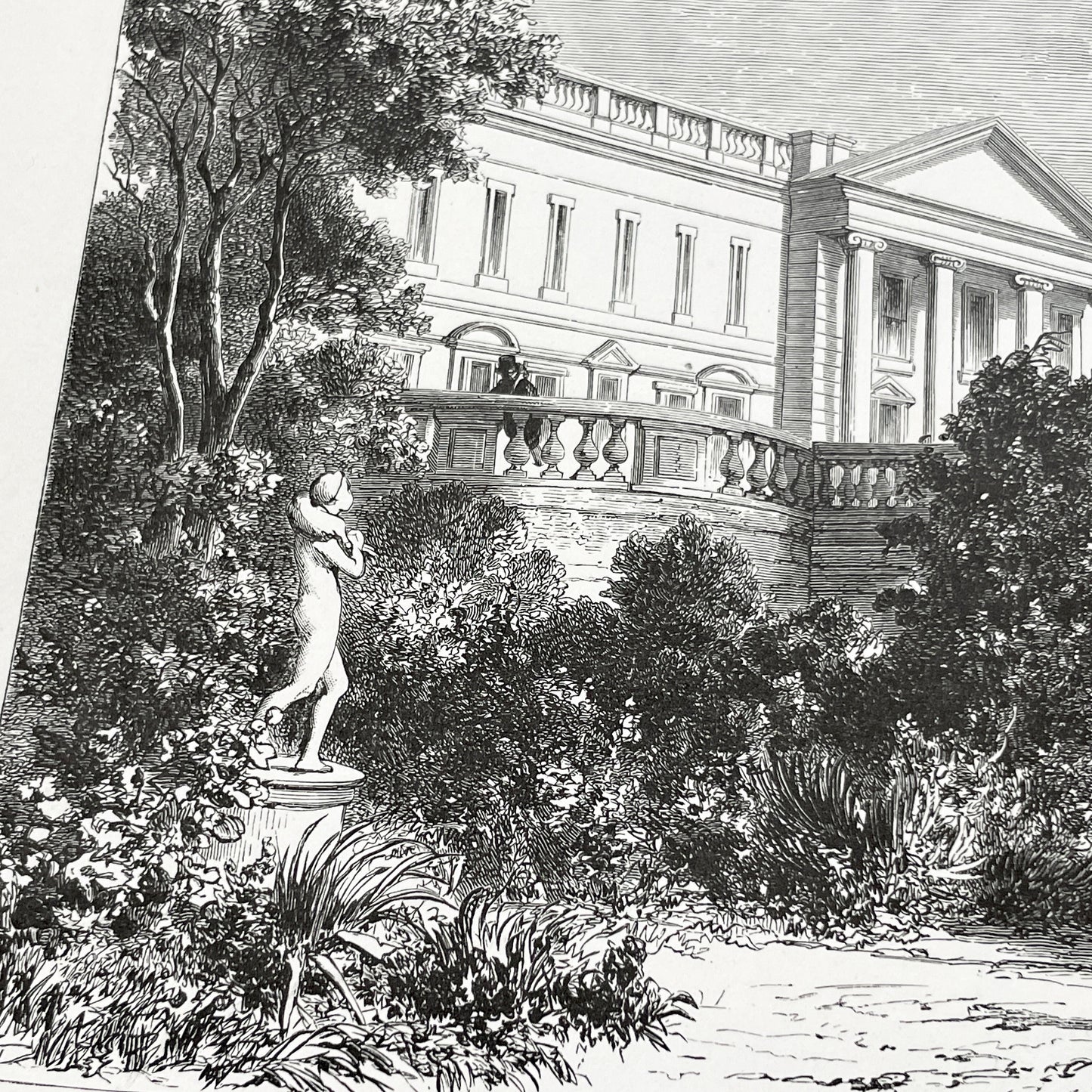 Late 19th - Compiègne Château Engraving - French Palace Grand Staircase - Park Life - Historic Architectural Print - Art by Girardet